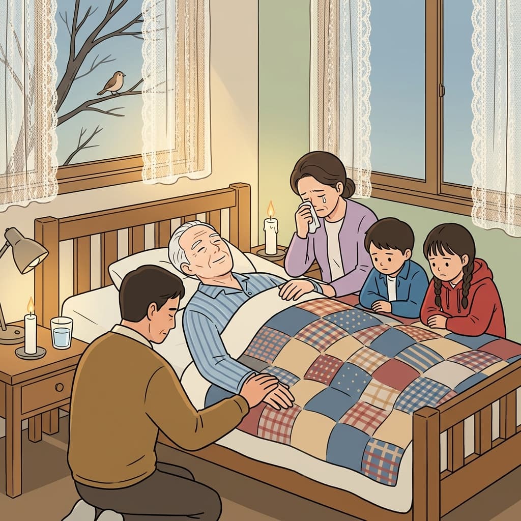 Grandfather peacefully passed away surrounded by his loving family at dawn.
