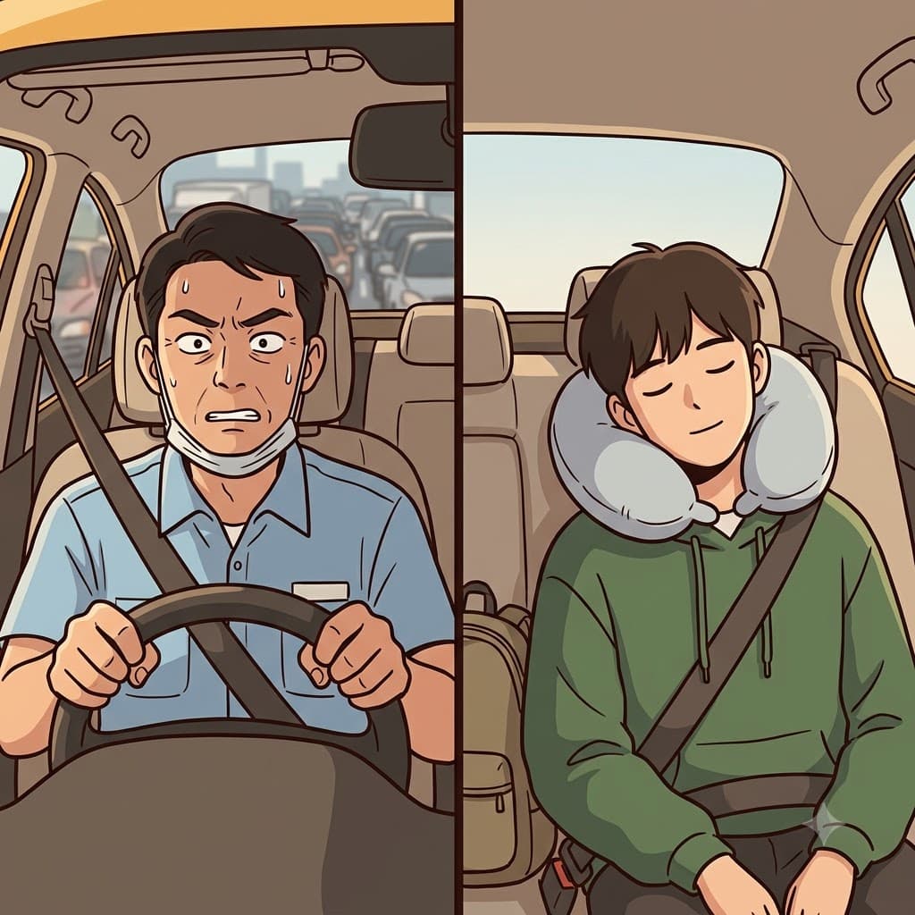 While the stressed driver firmly gripped the steering wheel, the relaxed passenger slept comfortably in the back seat.