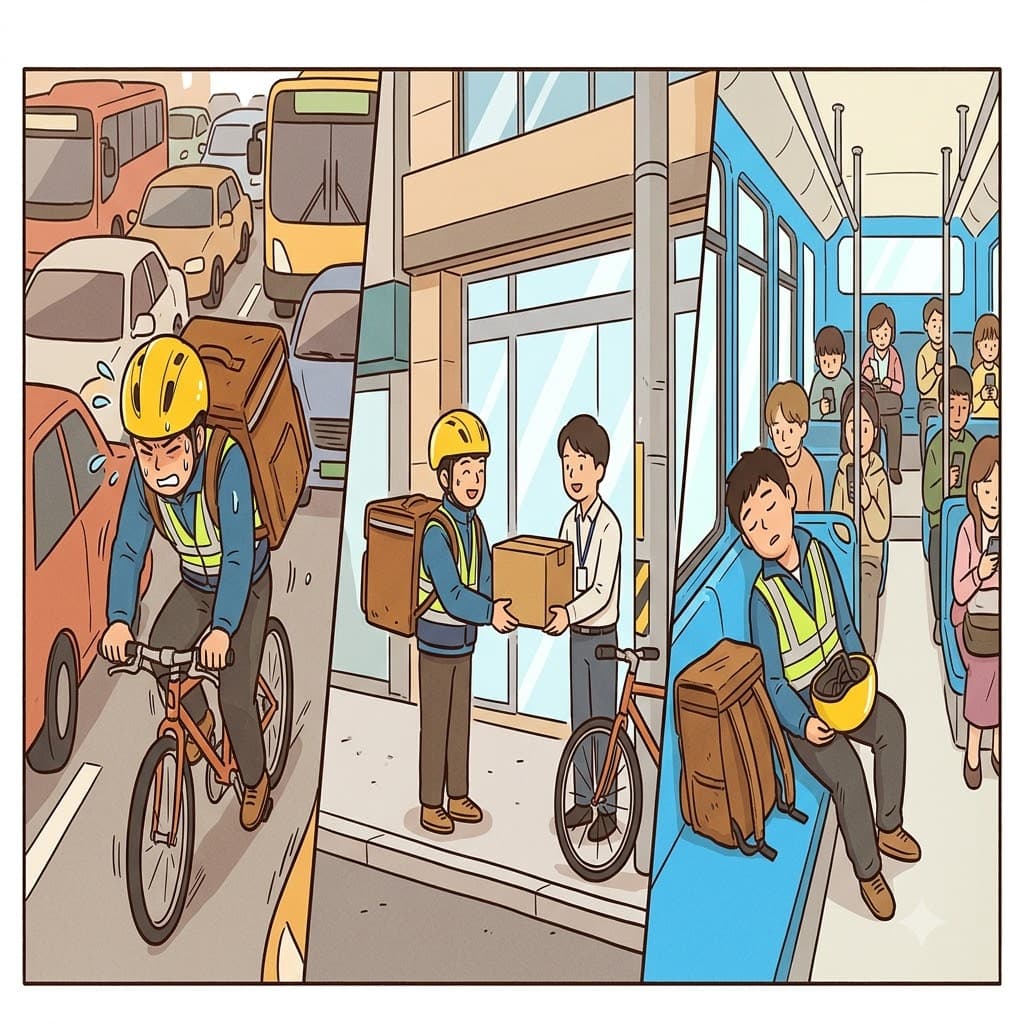 The speedy bike messenger finally delivered the package and quickly sat down on the city bus as a tired passenger.