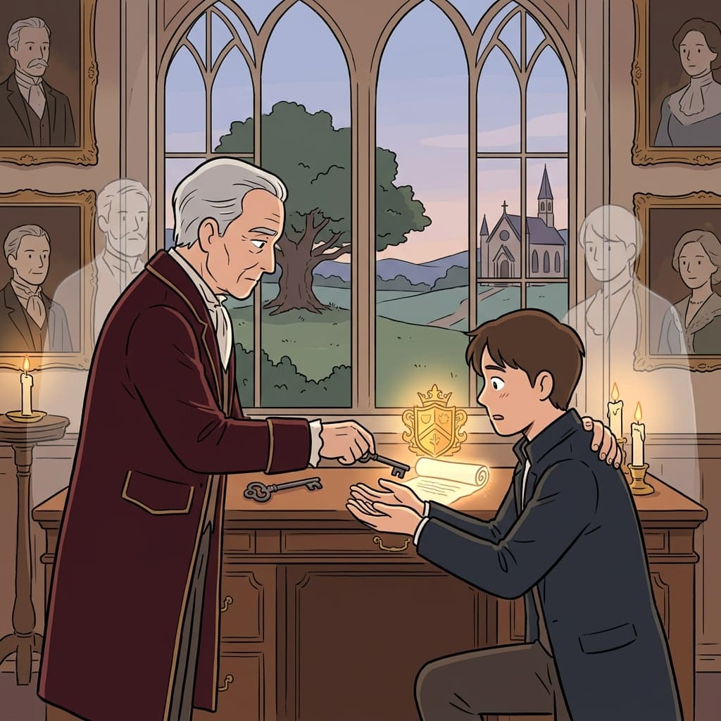 The old duke passes down his patrimony — the family estate and heirlooms — to his son.