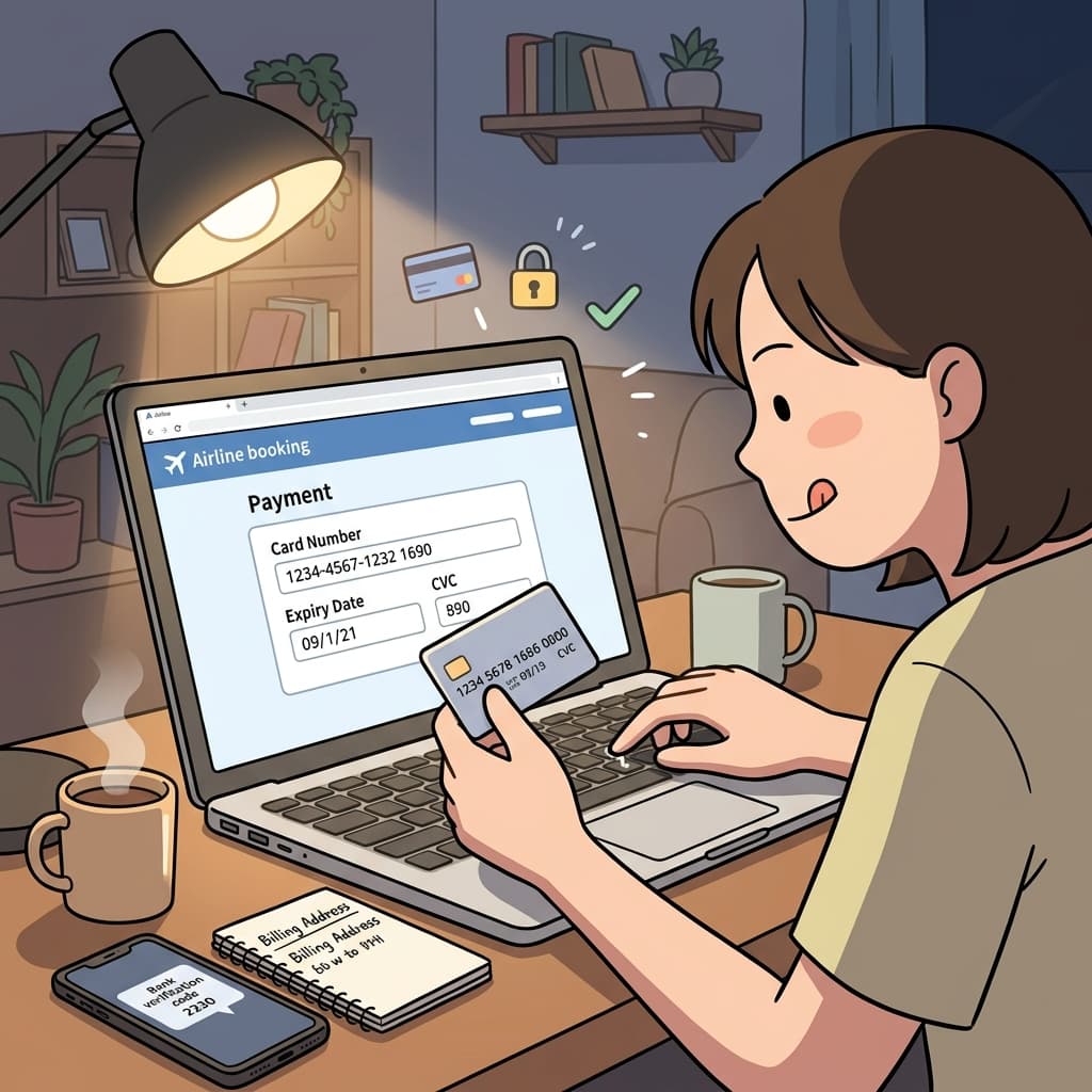 She carefully enters her payment details at checkout to book the flight.