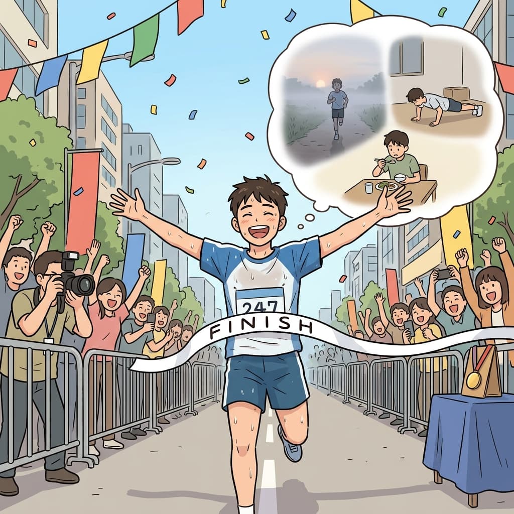After months of training, the marathoner's payoff was crossing the finish line first.