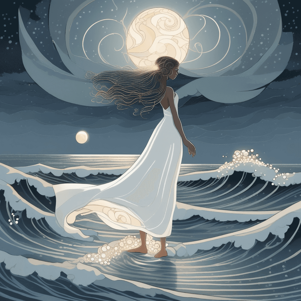 The girl holds her pearl as ocean waves swirl.