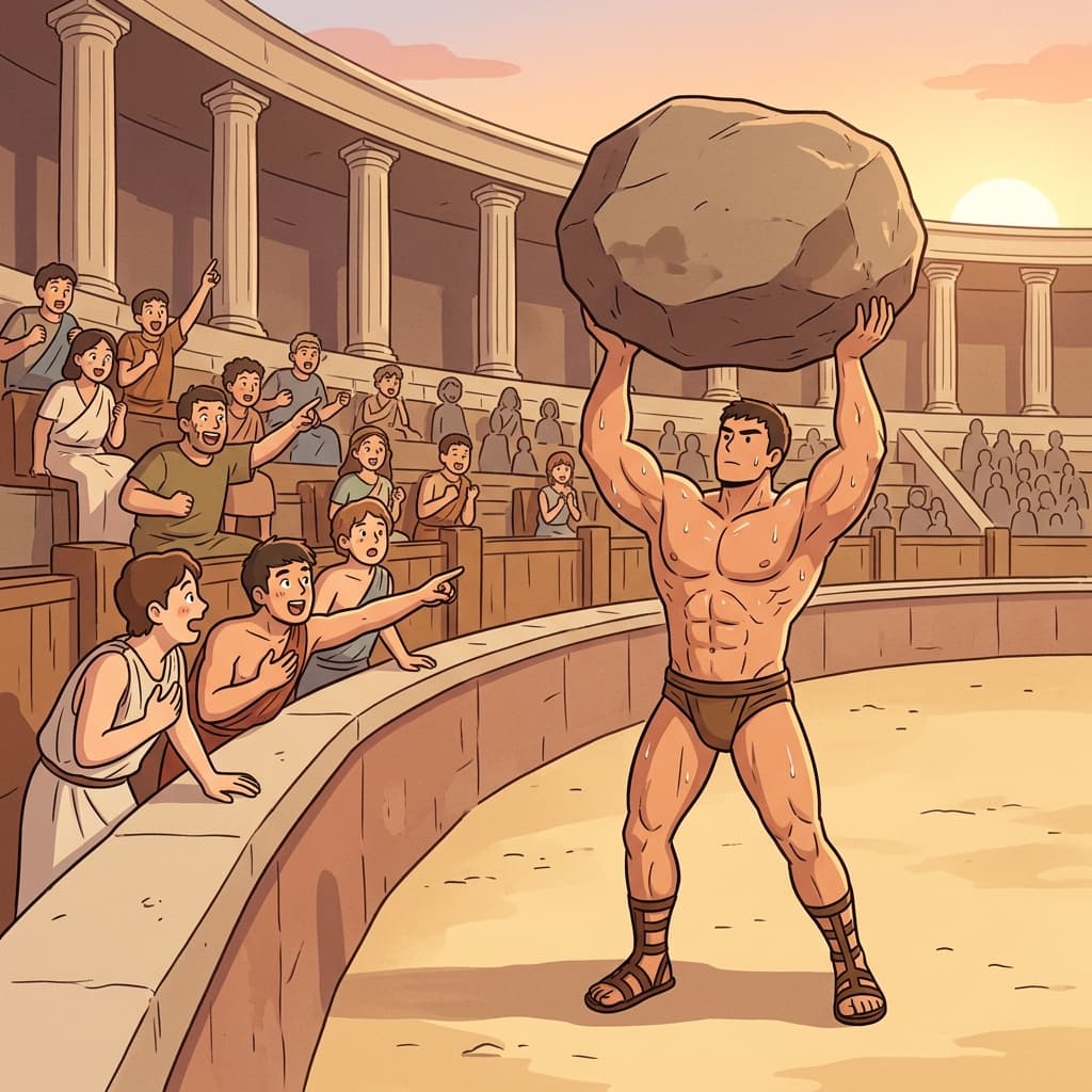 The gladiator's pectoral muscles bulge as he lifts the massive stone in the arena.