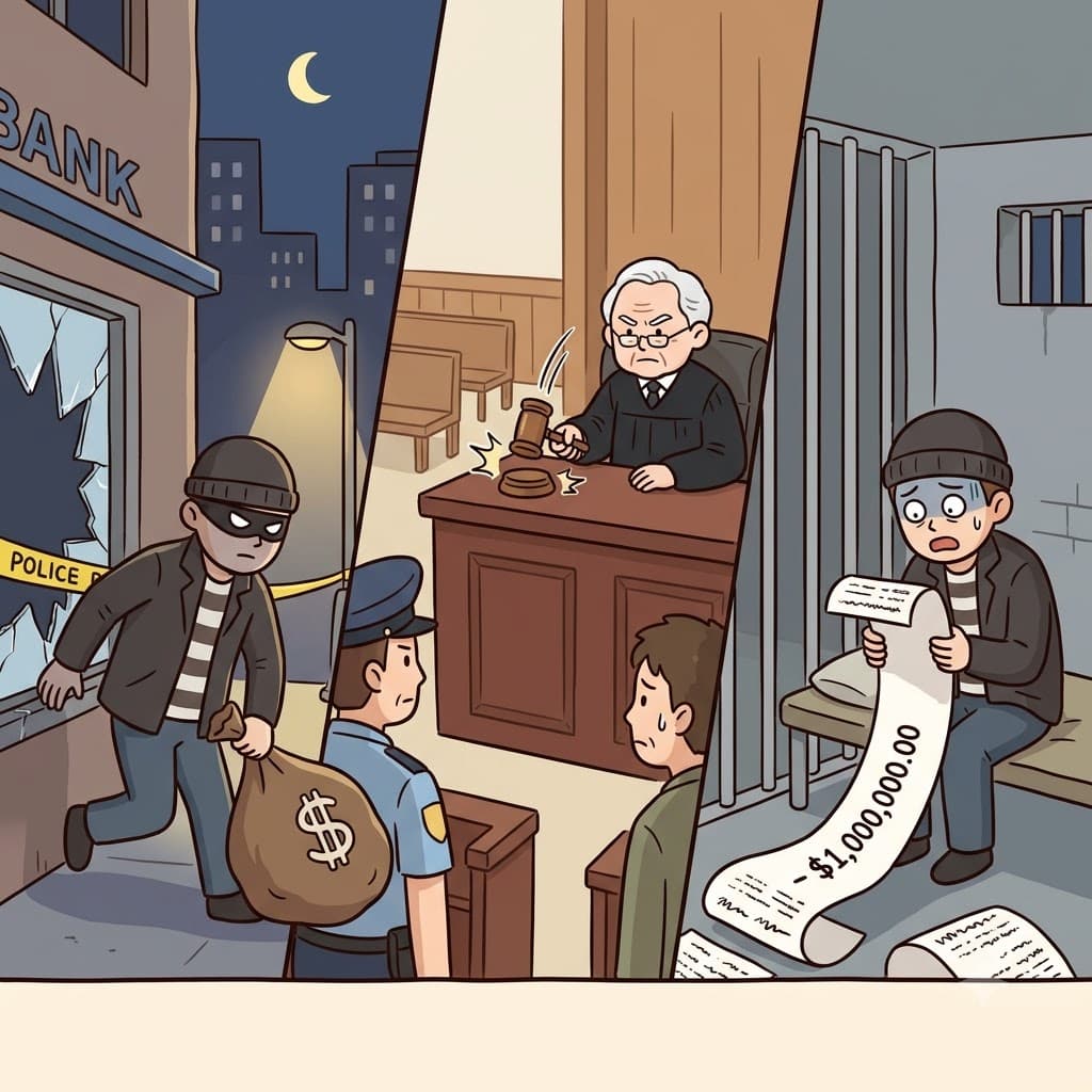 After the massive bank burglary, the strict judiciary imposed a heavy pecuniary penalty on the thief.