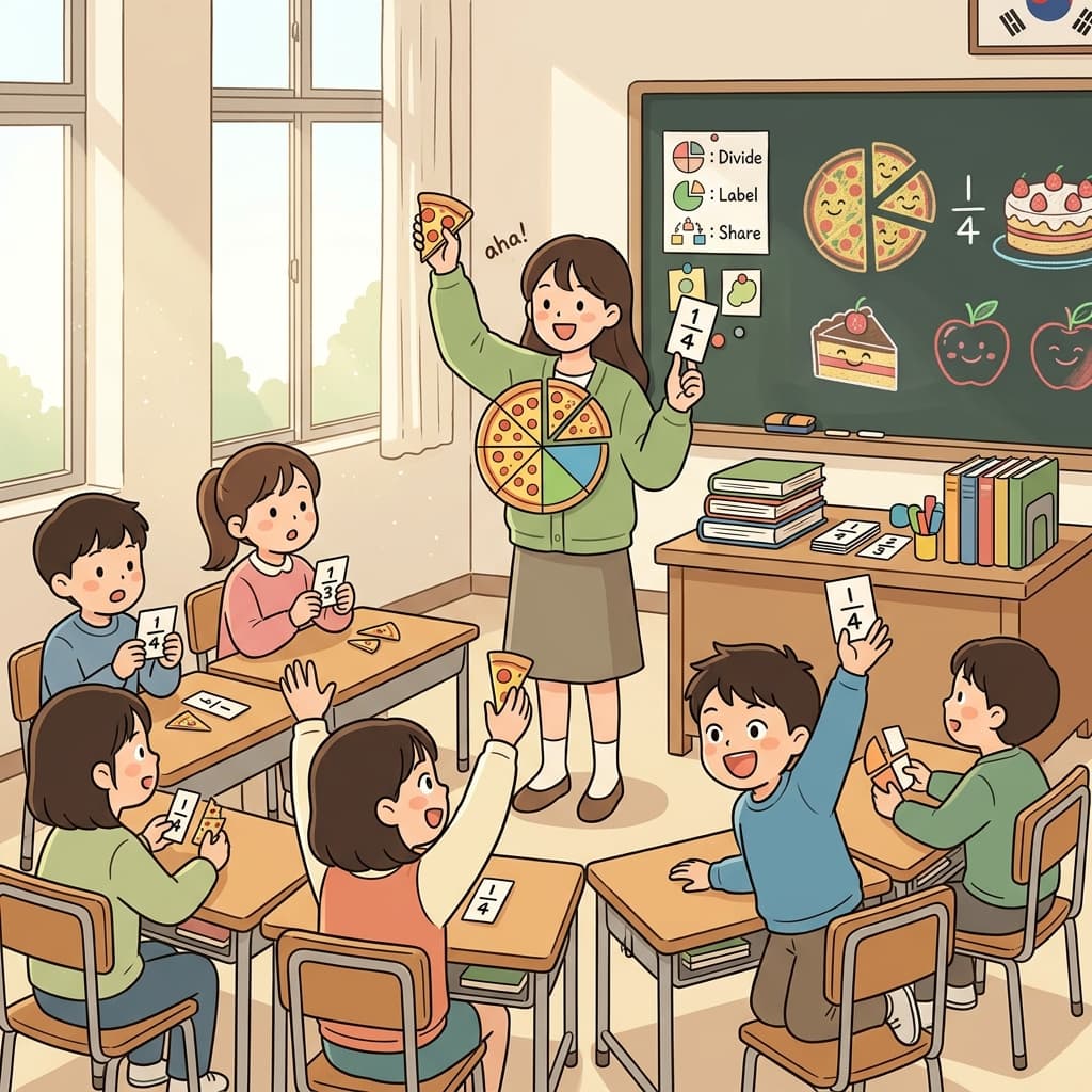 The young teacher uses pedagogical games to make fractions click for her students.