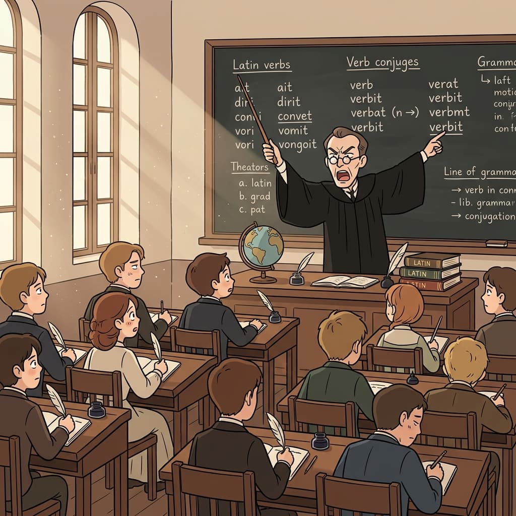 The strict pedagogue drills Latin verbs into his weary students with a wooden pointer.
