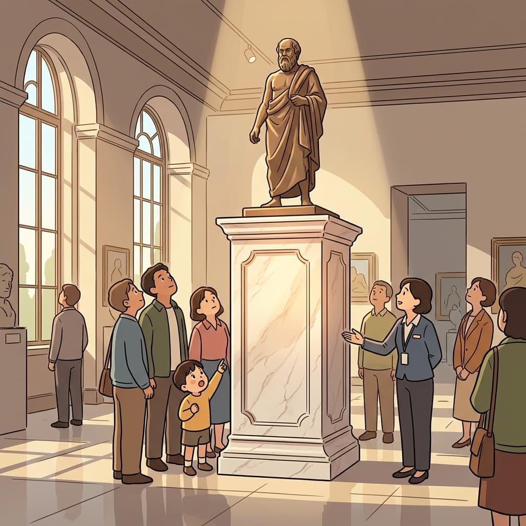 The marble pedestal lifts the ancient statue high above the museum floor.