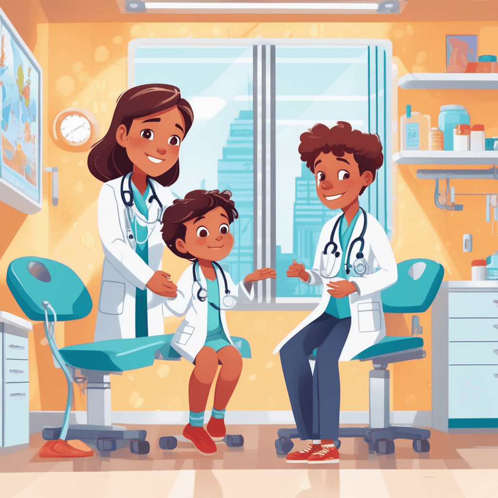 a friendly doctor in a white coat gently examines a smiling young child sitting on an examination table. The doctor uses a stethoscope to listen to the child's heartbeat while speaking reassuringly. The child appears comfortable and relaxed during the checkup process. A parent stands nearby watching the examination with a relieved expression. Colorful toys and child-friendly medical equipment fill the specialized room designed specifically for young patients. a medical doctor who specializes in the care and treatment of infants, children, and adolescents