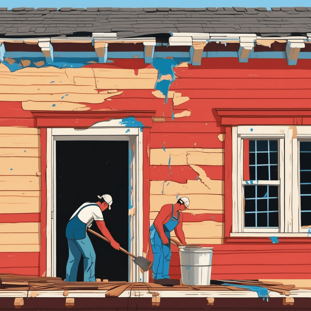 a painter uses a scraping tool to remove old paint from the wooden siding of a house. Large strips and flakes of white paint curl and fall away as the scraper moves across the surface. The paint comes off in long ribbon-like pieces, revealing the natural wood underneath. More loose paint hangs ready to fall from areas where the scraper has loosened it. A helper below catches some of the falling paint pieces in a bucket. paint peeling off and being removed in layers and strips