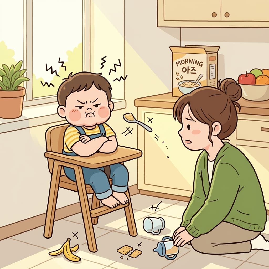 The peevish toddler frowns at every snack his mom offers.