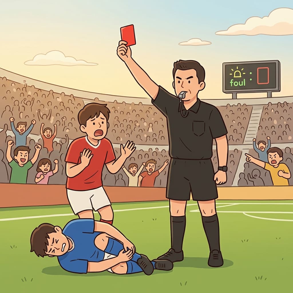 The referee penalizes the player with a red card for the reckless tackle.