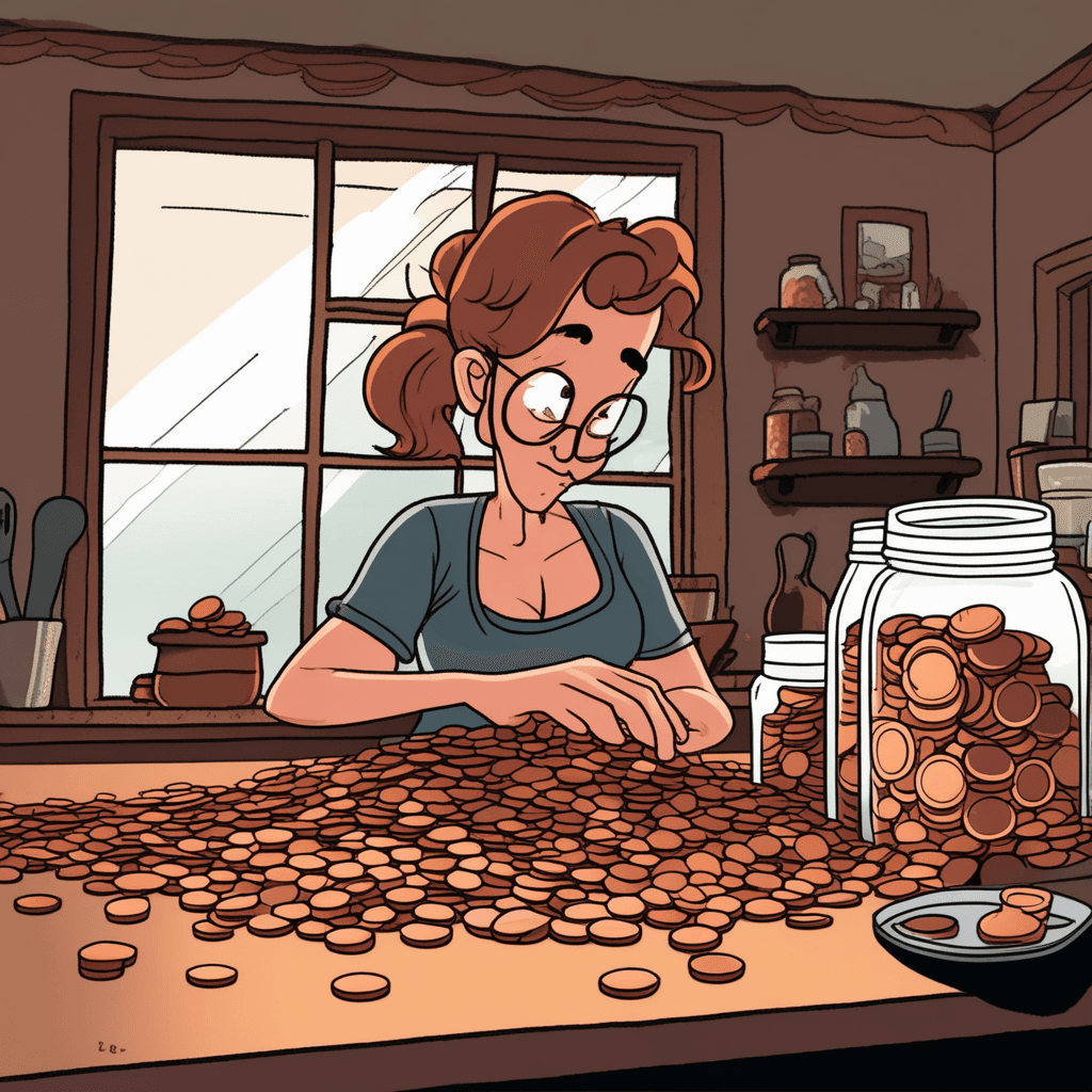 Jenny counts her many pennies carefully!