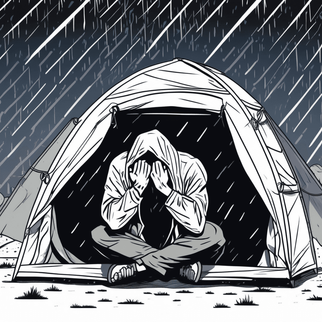 Pent-up rage in a tent, shoulders bent with suppressed anger