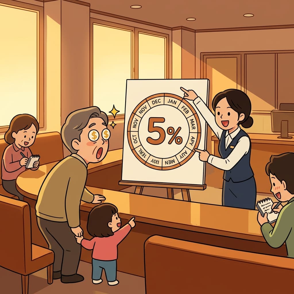 The bank advertises a 5% interest rate per annum on new savings accounts.