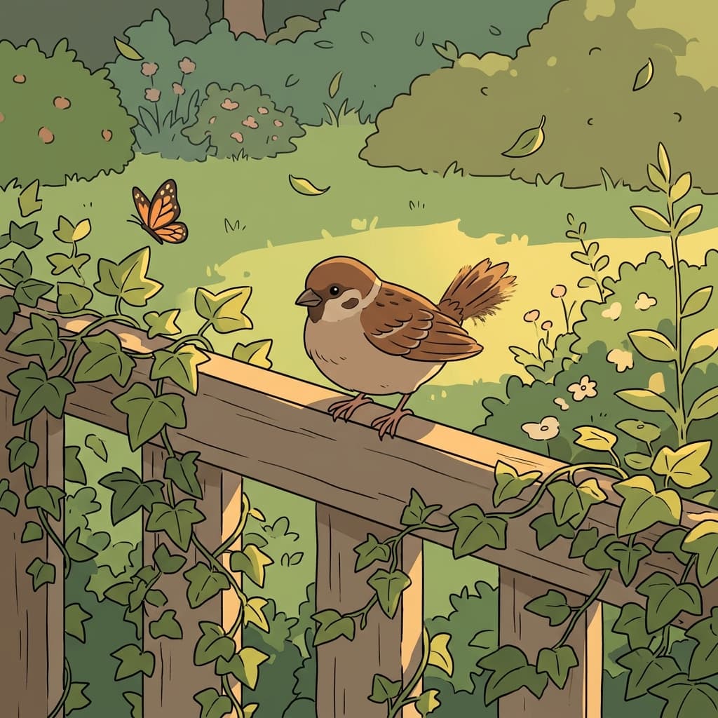 A tired sparrow finds the perfect perch on an old garden fence.