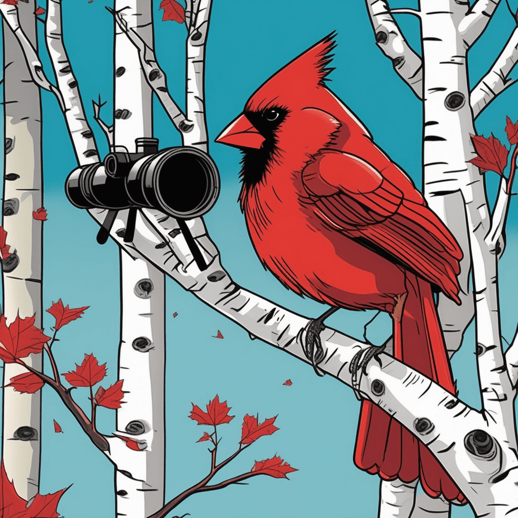 A bird's calm perch on birch, while eyes search in vain!