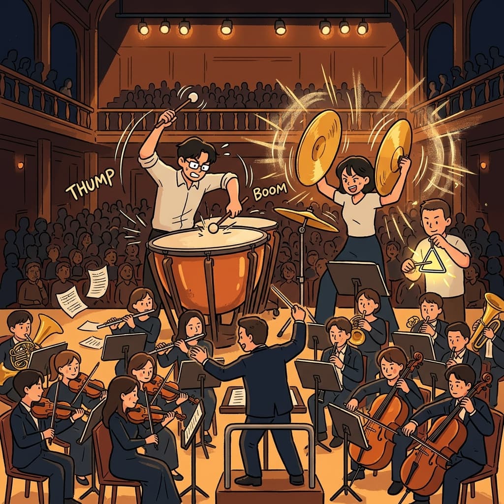 The percussion section drives the entire orchestra with thunderous energy.