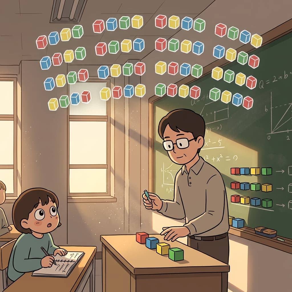 The mathematician explores every permutation of the four colored cubes on the chalkboard.