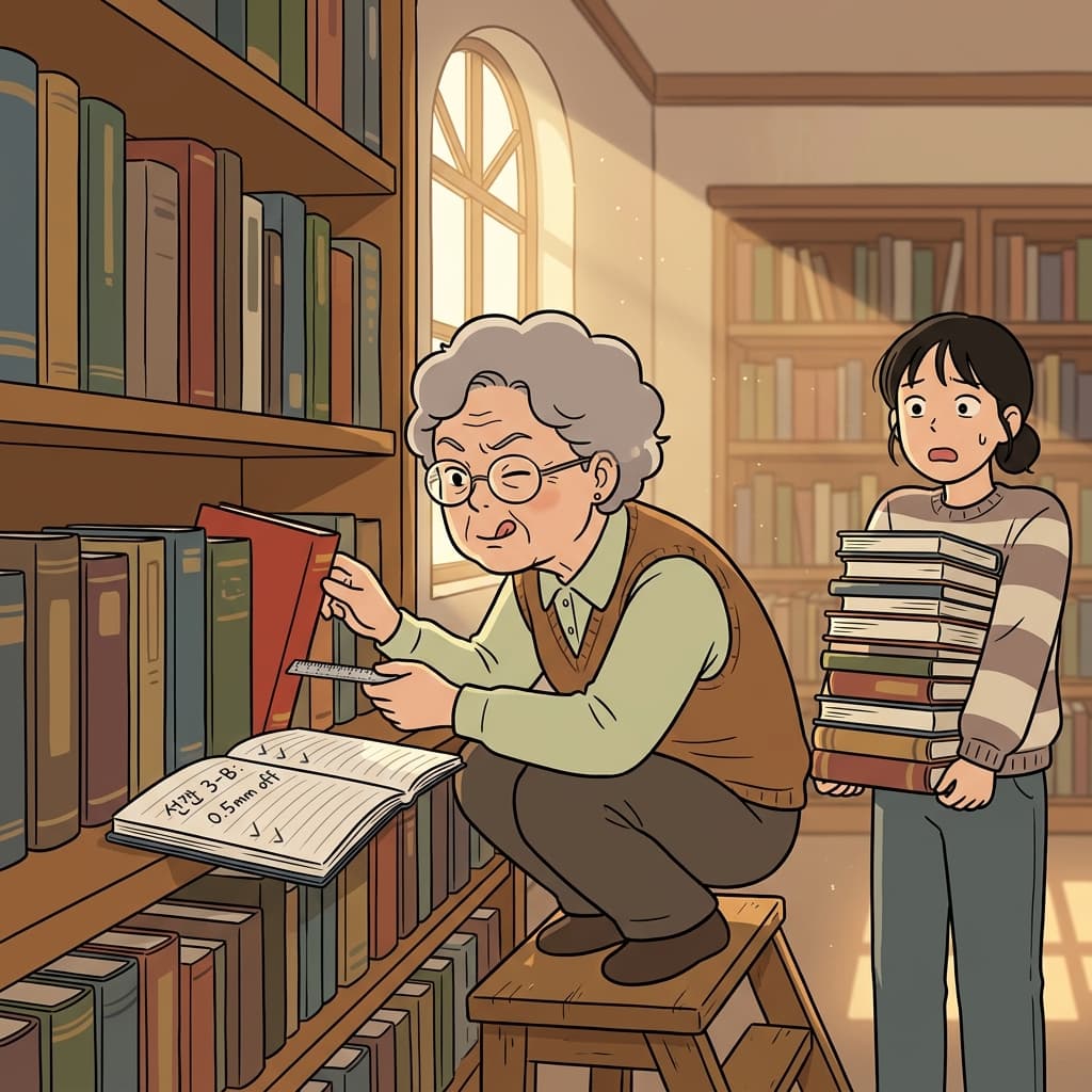 The pernickety librarian realigns every book spine to the exact millimeter.