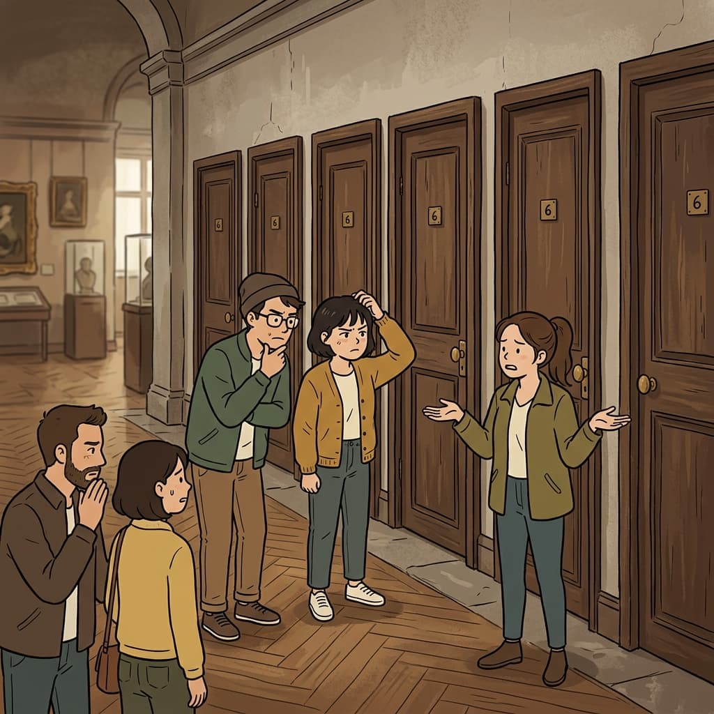 The visitors looked perplexed by the six identical doors.