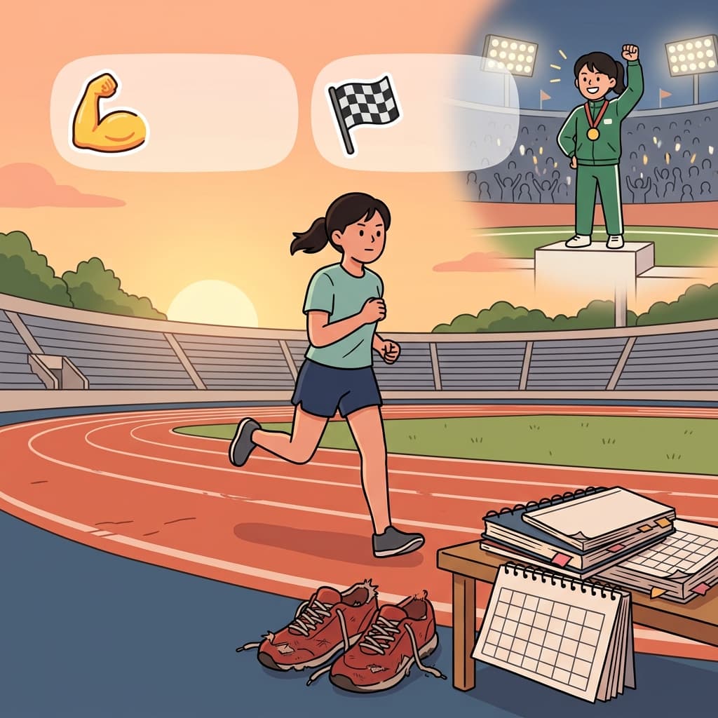 The young runner persevered for years and became a champion. (💪 Never Give Up + 🏁 Keep Going → Persevere)