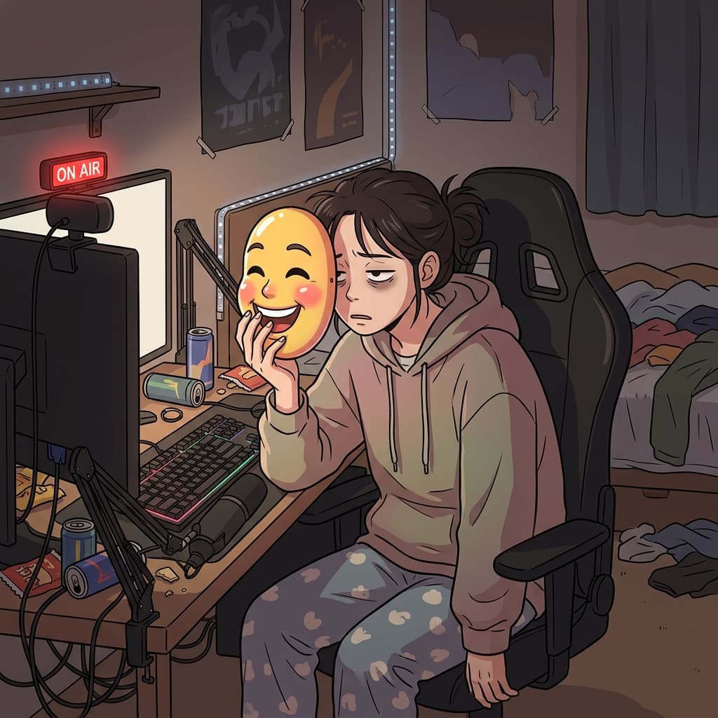 The exhausted streamer held up a bright, smiling plastic mask to the camera to maintain her energetic online persona.