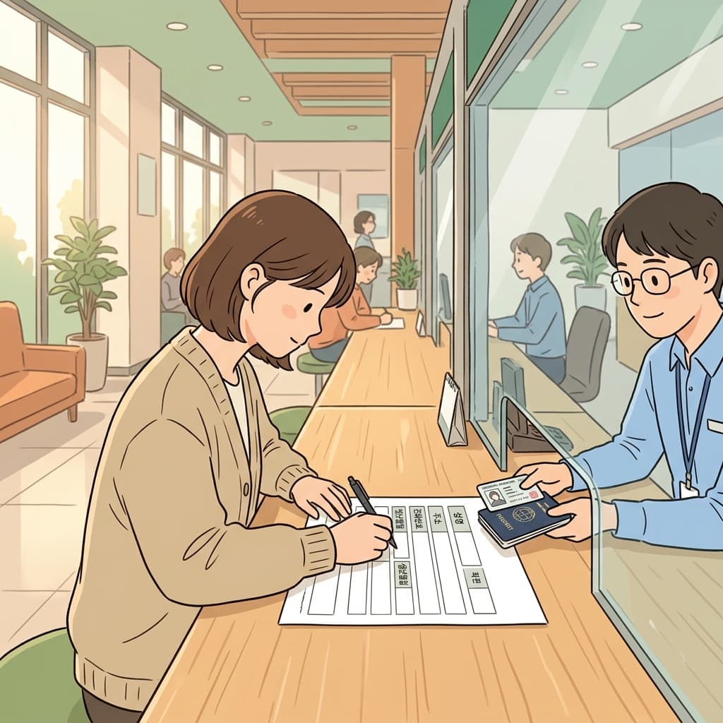 She carefully fills out personal information on the new bank form.
