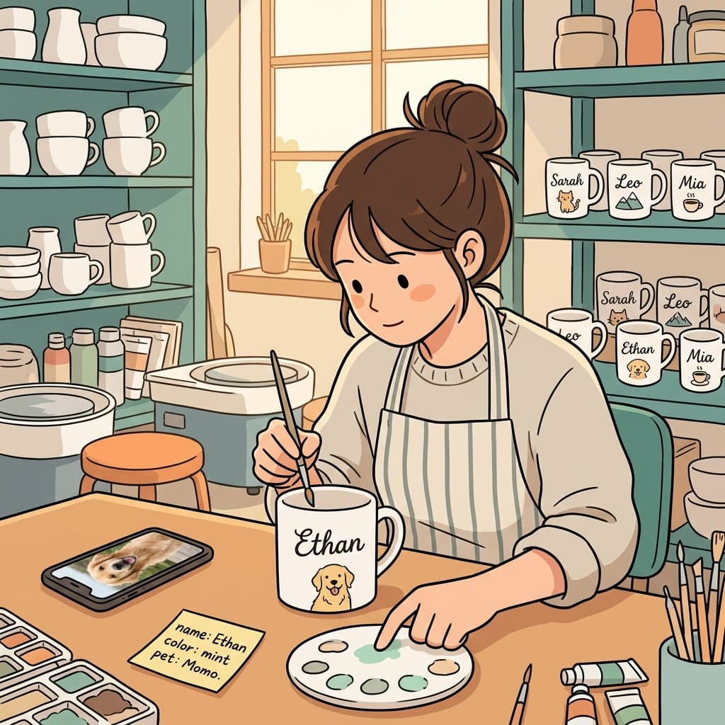 She adds personalization to the mug — his name, his favorite color, his dog's face.