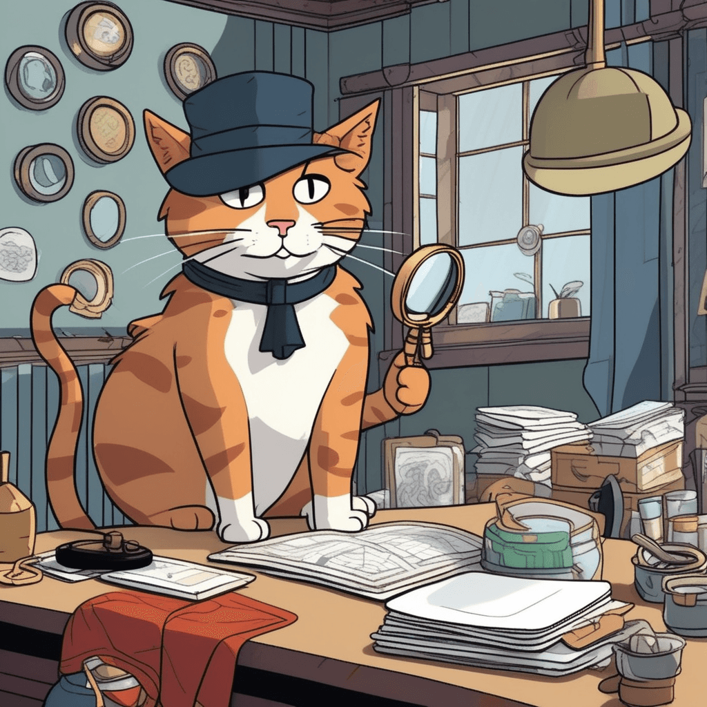 Purring detective cat with keen insight in spick-and-span spacious room
