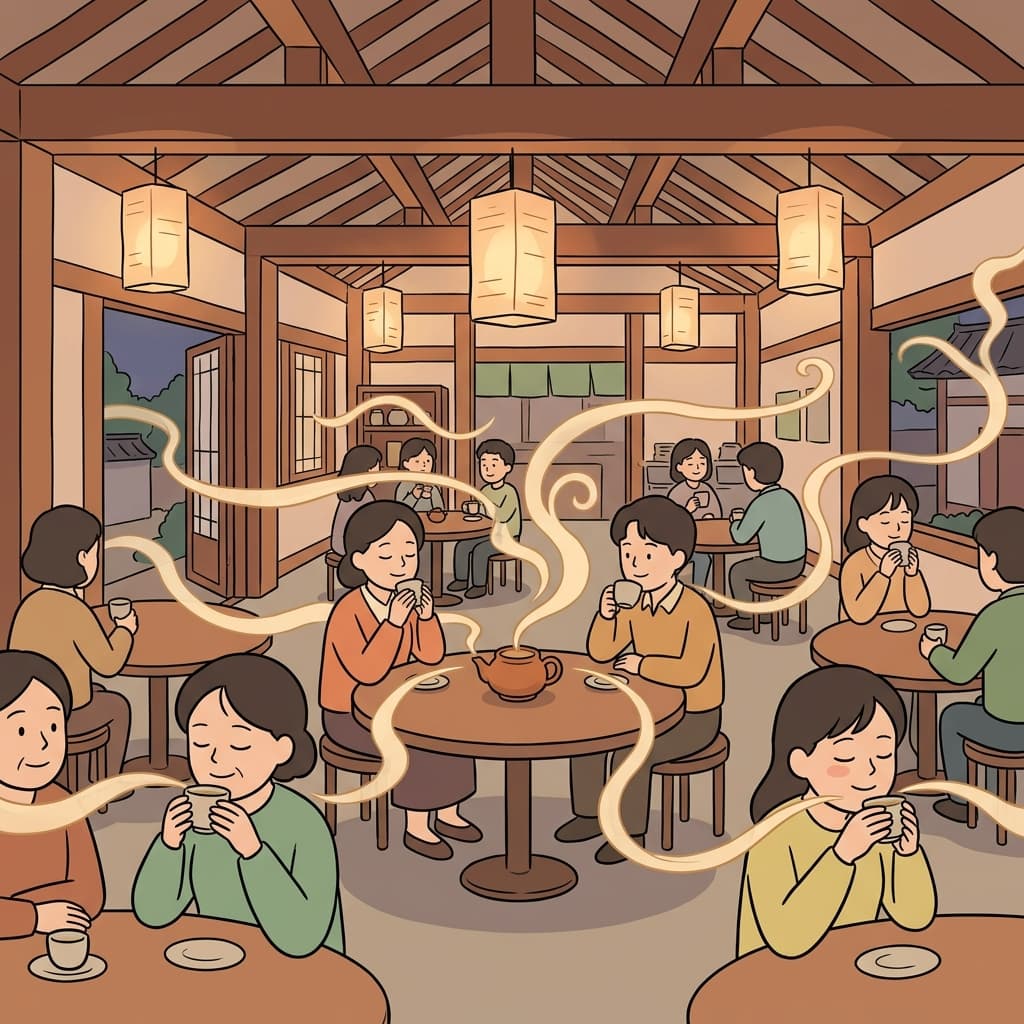 The pervasion of jasmine scent fills every corner of the tea house at dusk.
