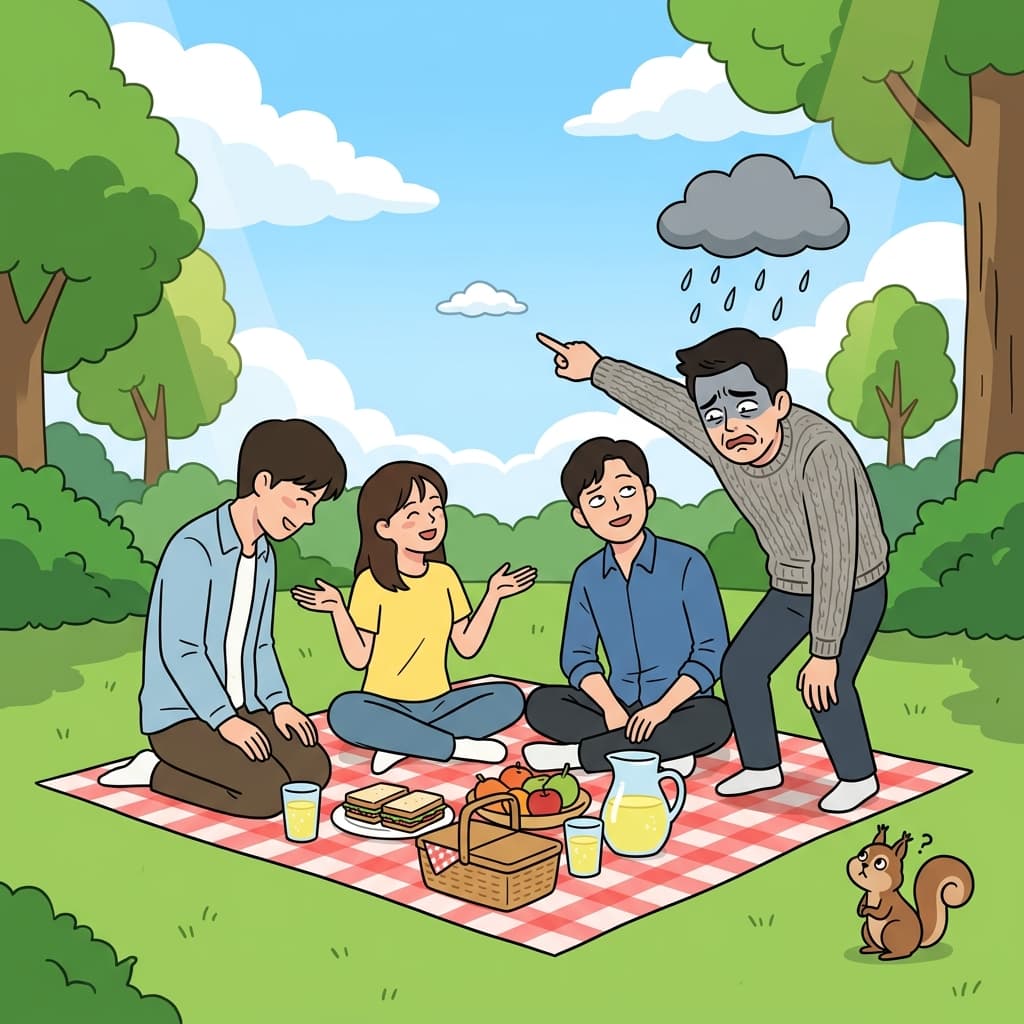 His constant pessimism turned every sunny picnic into a rain forecast.