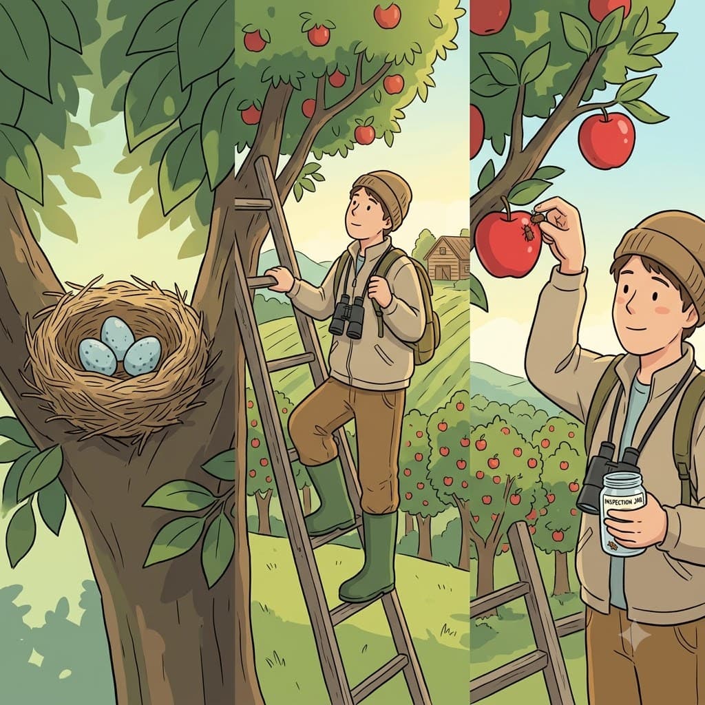 Checking the songbird nest high in the branches on his daily quest, the orchard keeper protected his fruit from every creeping pest.