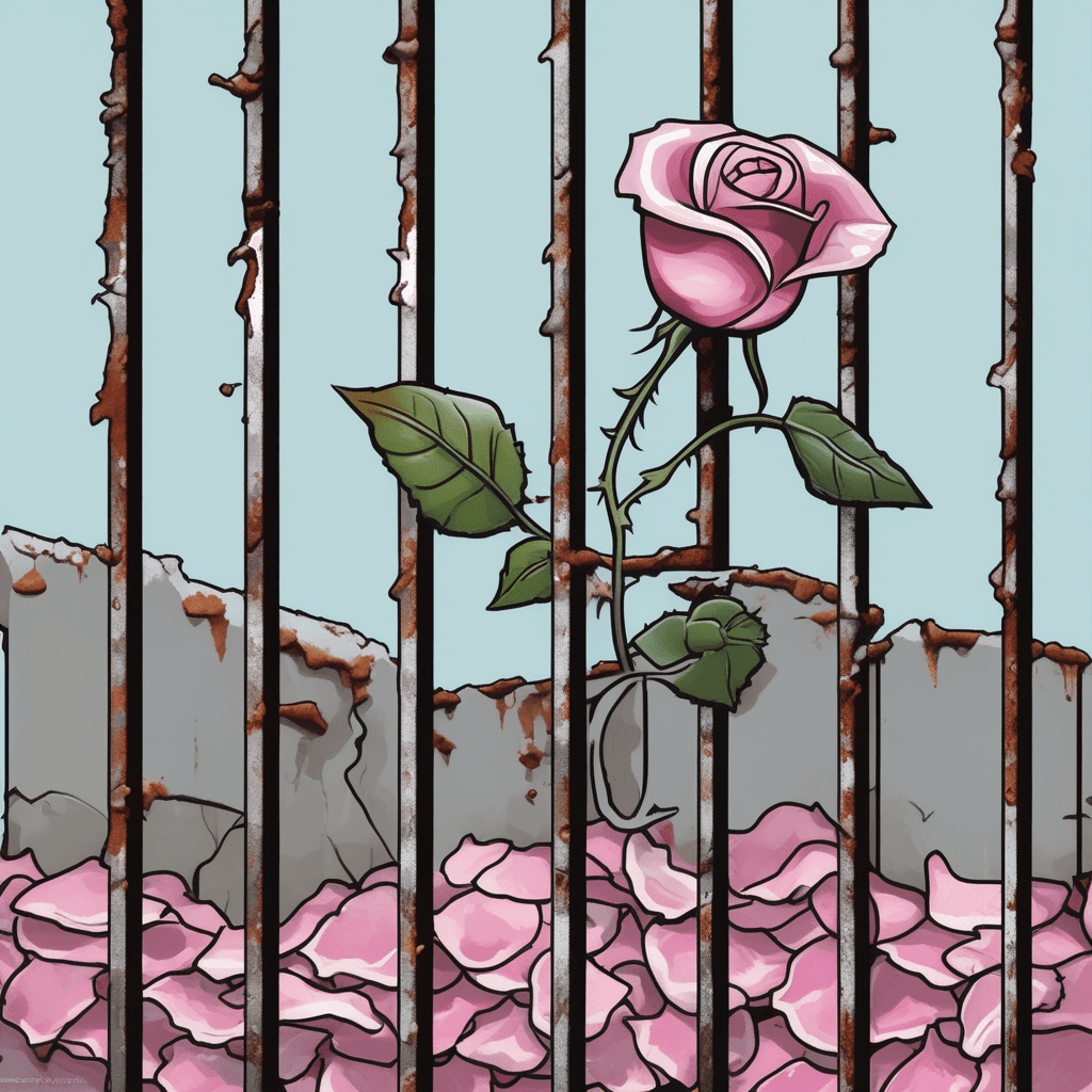 A gentle petal finds its place to settle on cold metal.