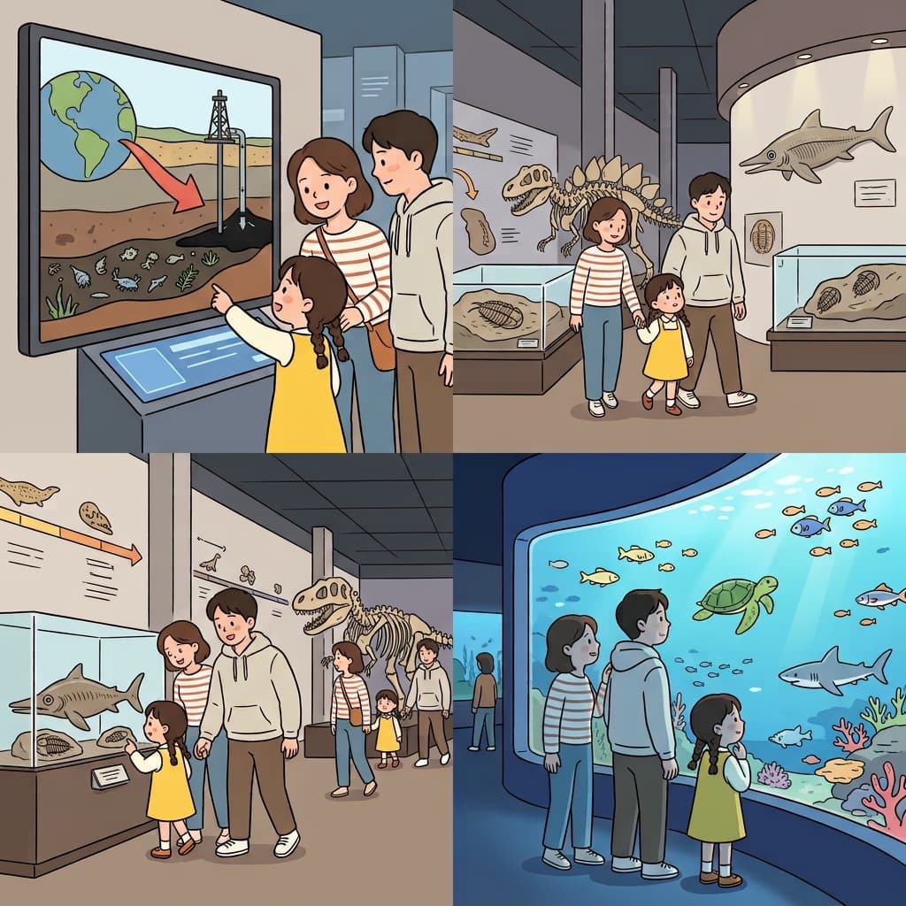 The museum displayed ancient petroleum, while the aquarium revealed the sea life that once lived above it.
