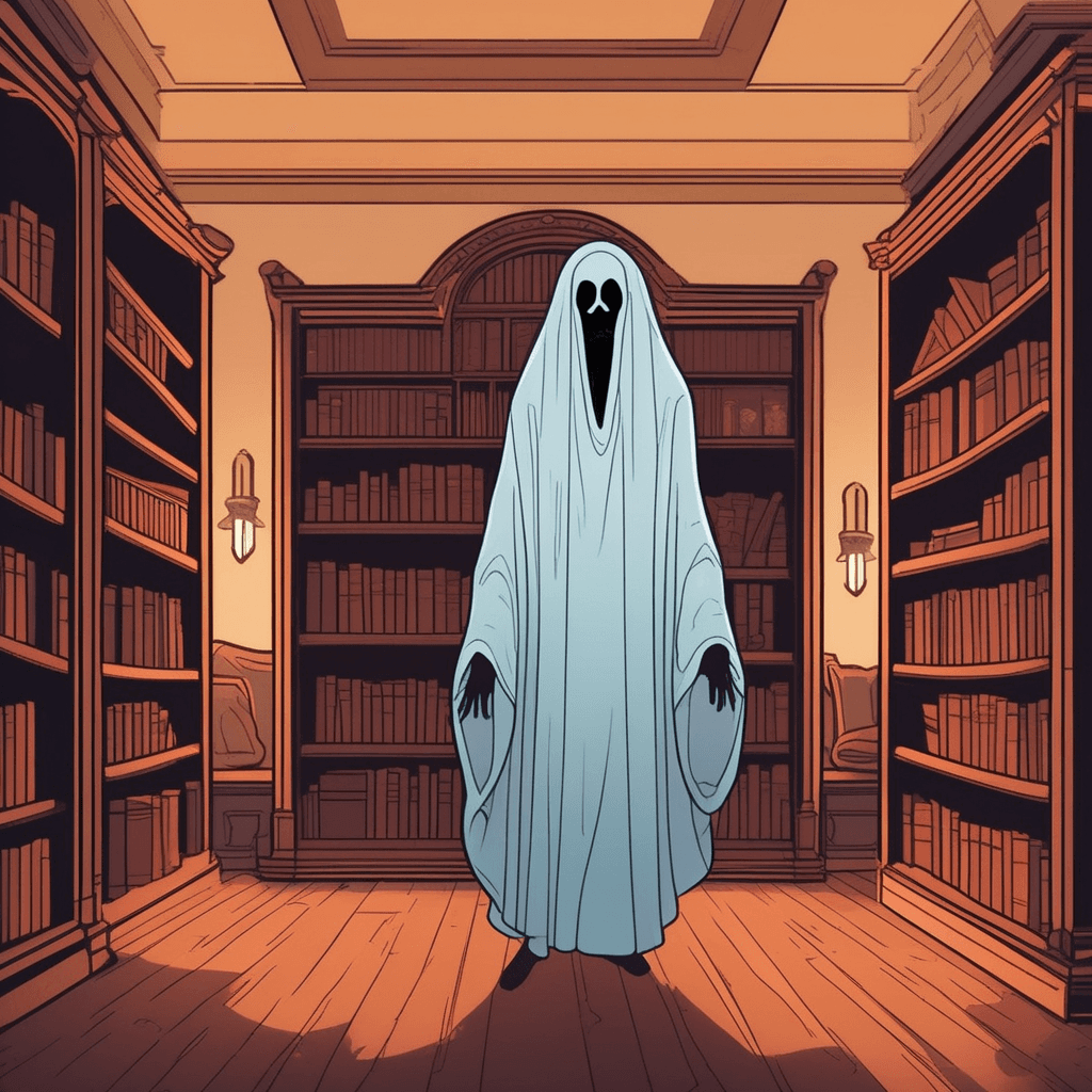 a translucent, glowing figure in flowing robes floats above the wooden floor between towering bookshelves. The ghostly figure has a pale, ethereal appearance with wispy edges that fade in and out of visibility. A young person reading by candlelight suddenly looks up and drops their book in terror. The candle flame flickers as the phantom drifts closer, its form shifting between solid and completely see-through. Other books on nearby shelves seem to move slightly as the spirit passes by. The person backs away with wide eyes and trembling hands, clearly seeing something supernatural. a ghost or spirit of a dead person manifesting before the living