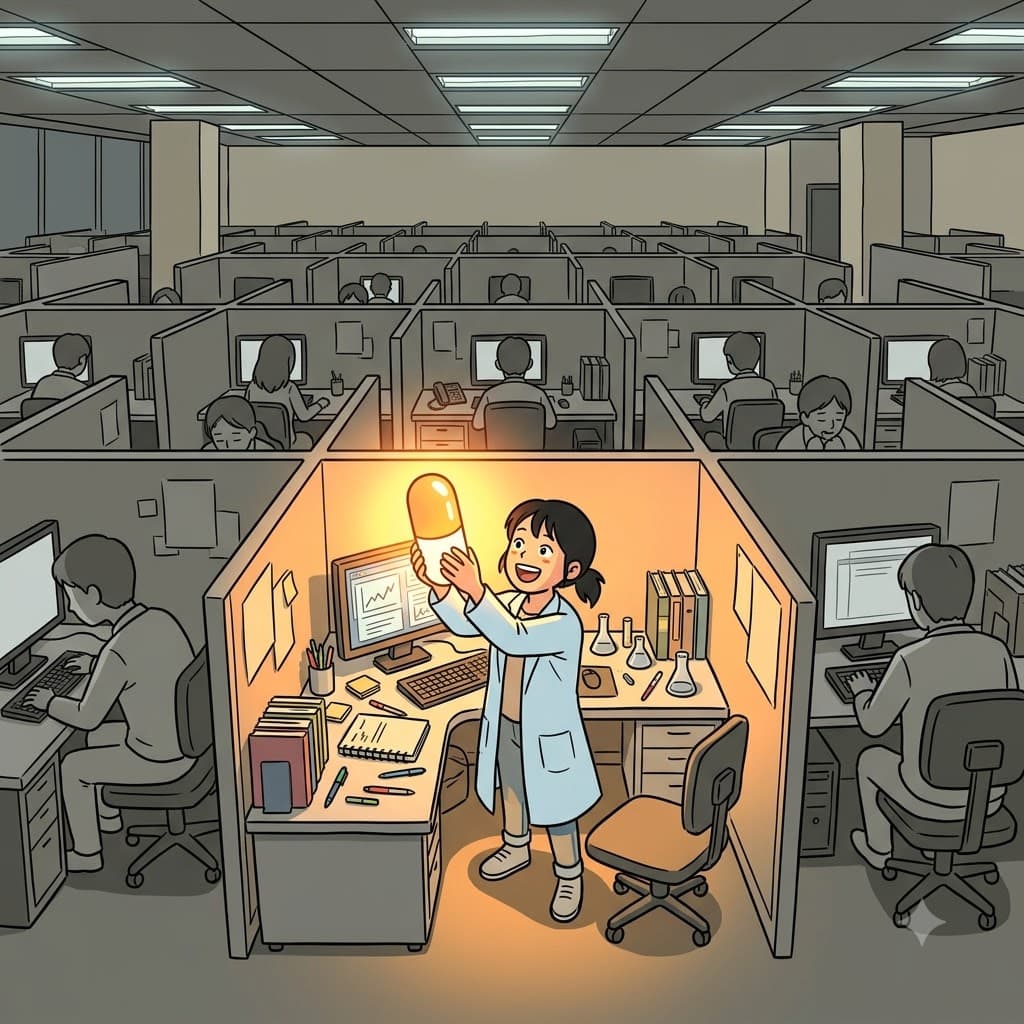 Working alone in the boring gray cubicle, she invented a glowing pharmaceutical miracle.