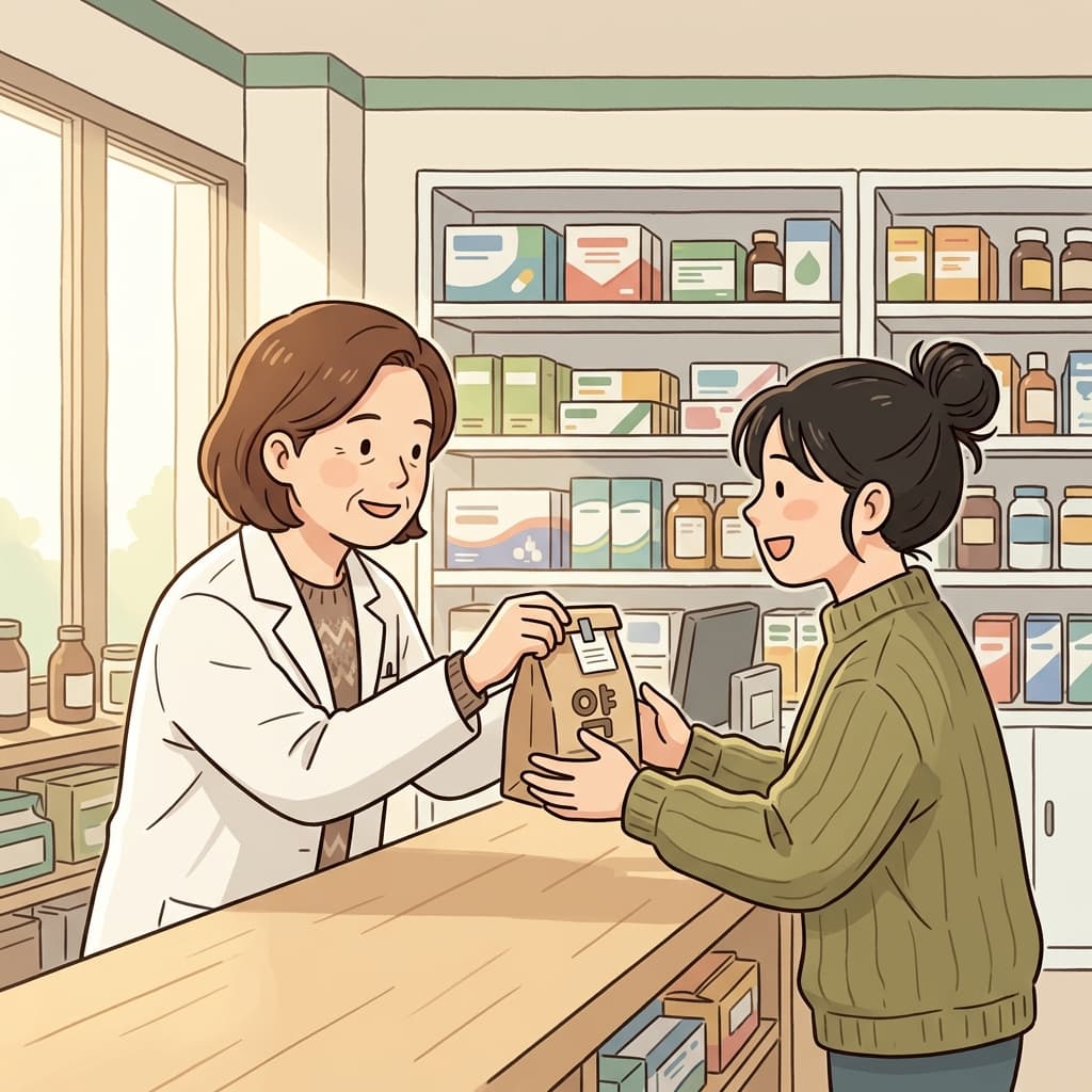 The pharmacist handed the medicine across the counter at the pharmacy.