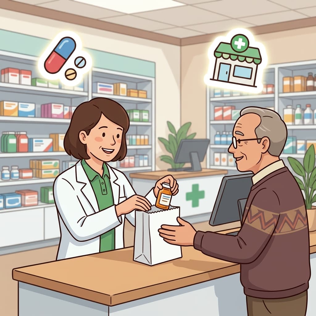 He visited the pharmacy to pick up his prescription medicine. (💊 Medicine + 🏪 Store → Pharmacy)