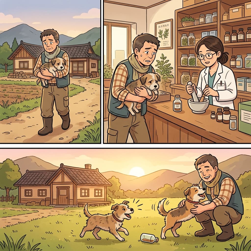 A farmer hurried to the pharmacy to find the right remedy for his sick dog.