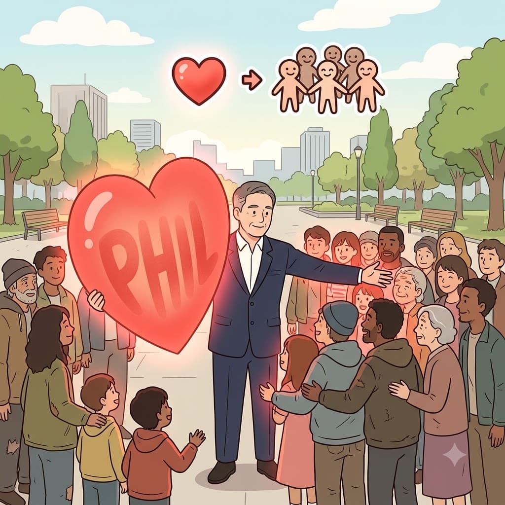 PHIL(love) + ANTHROP(human) — showing true PHIL for every ANTHROP, the billionaire started a massive philanthropic foundation.