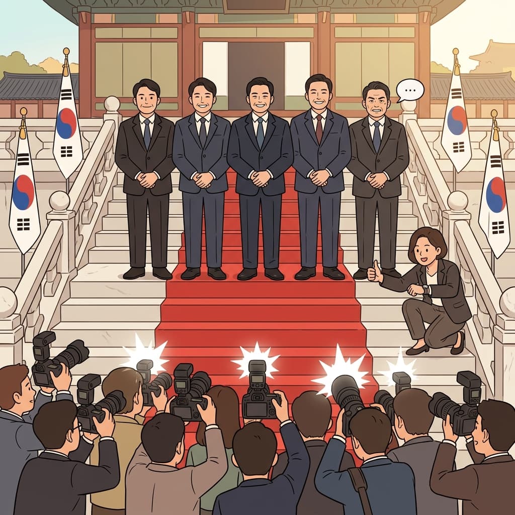 Politicians line up for a photo op after signing the treaty on the palace steps.