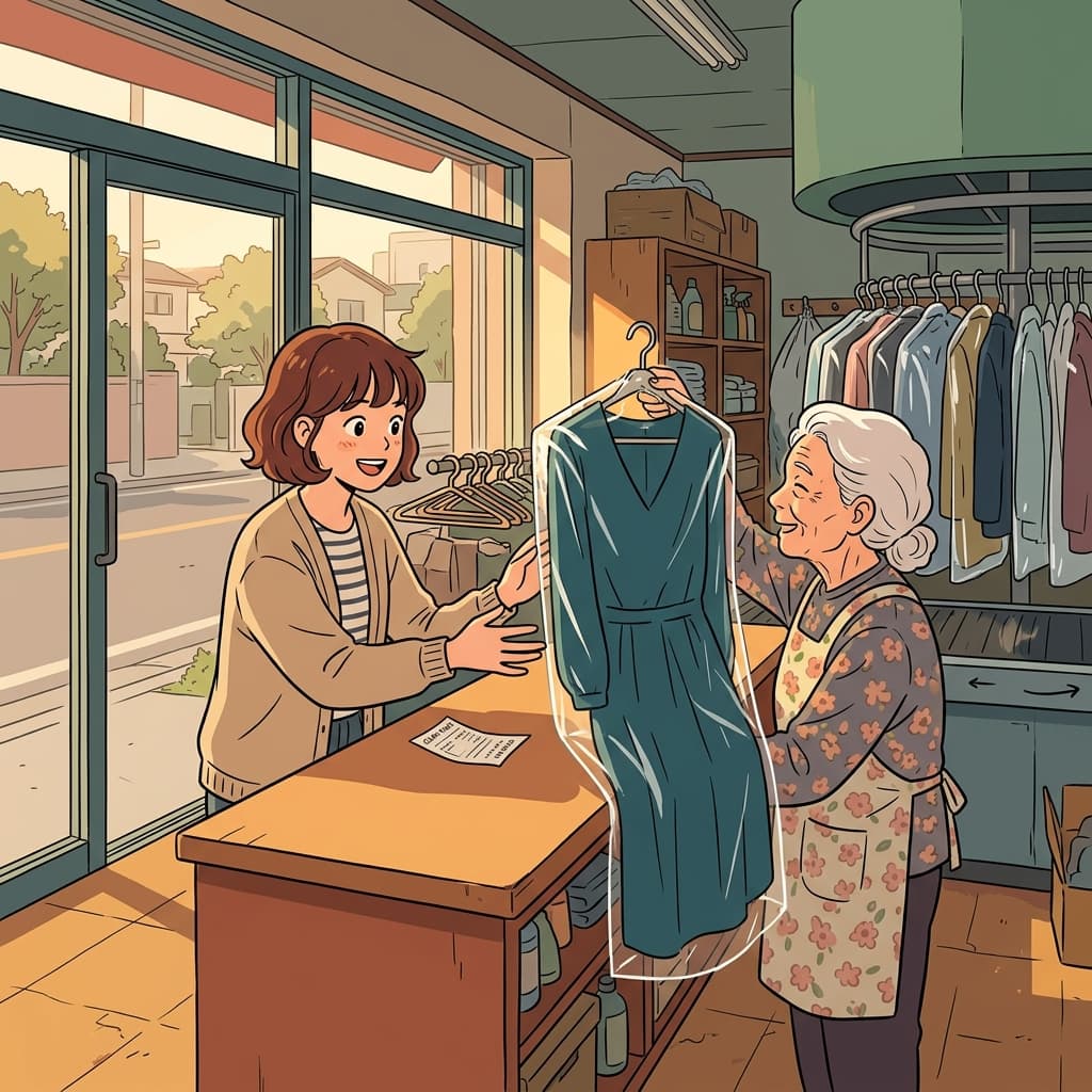 On her way home, she stops by the shop to pick up the dry cleaning before the wedding.