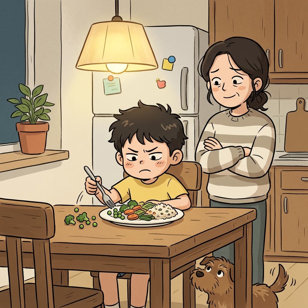 Her little brother is so picky he refuses every vegetable on the plate.