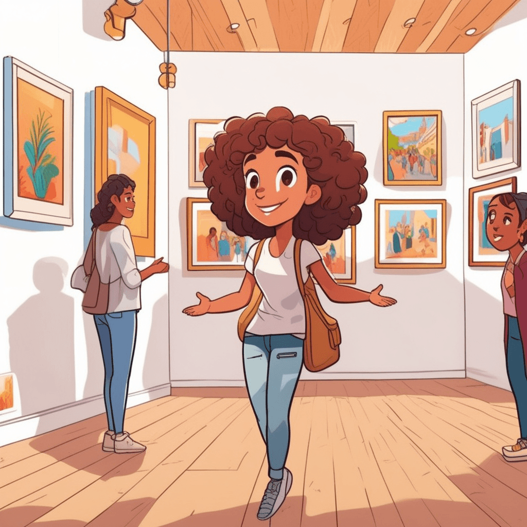 a young woman with curly hair points excitedly at a wall displaying multiple framed artworks. She gestures toward different pieces including photographs of landscapes, colorful paintings of flowers, and detailed pencil drawings. Her friend beside her nods appreciatively while looking at a black and white photograph of a city skyline. The gallery wall showcases various artistic works hanging at different heights, each in elegant frames. Other visitors in the background admire additional artwork displays throughout the space. photographs, drawings, and paintings being viewed and appreciated.