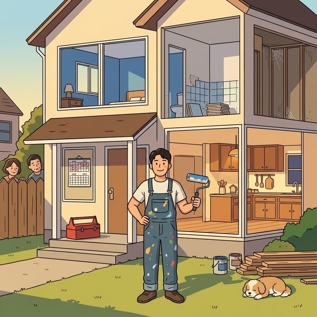 He's renovating the old house piecemeal, one room at a time over many weekends.
