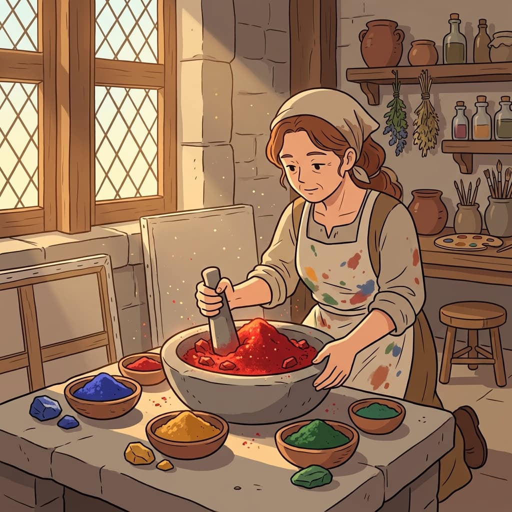 The artist grinds rocks into a vivid red pigment for her canvas.