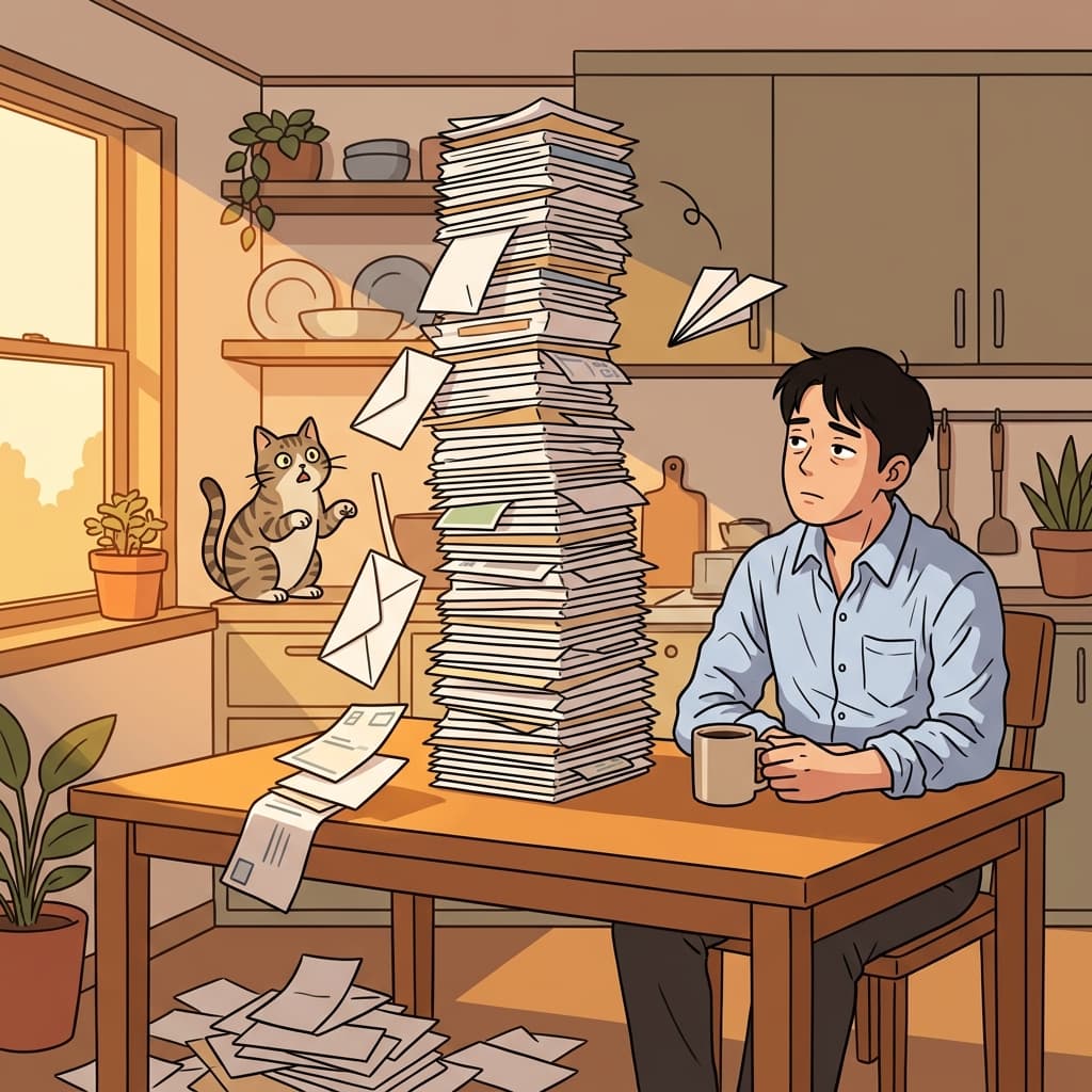 Unopened bills pile up on the kitchen table while he pretends not to see.