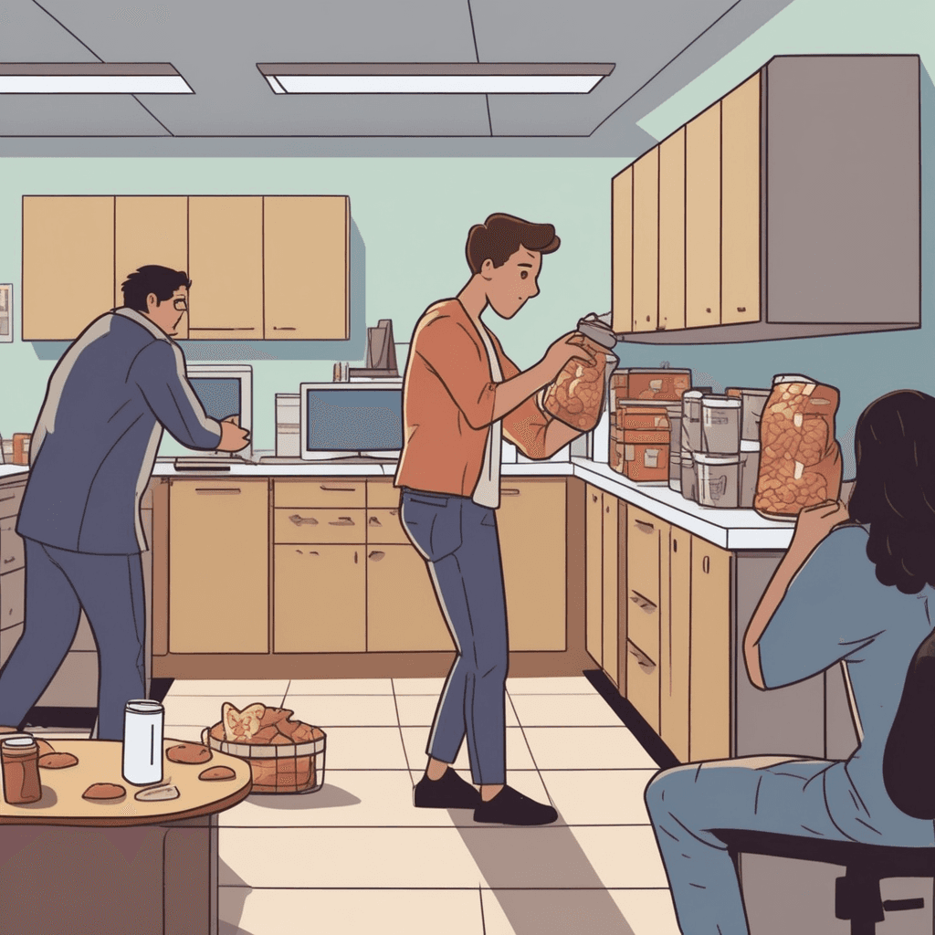 a person in casual clothes quietly reaches into someone's lunch bag on the counter, pulling out a small snack. They glance around nervously while slipping the item into their pocket. Earlier, they had already taken a few coins from a tip jar and some office supplies from a nearby desk. A coworker enters the break room from behind, beginning to notice the suspicious behavior. The person tries to act natural while still holding the stolen snack. someone stealing things of little value in small quantities