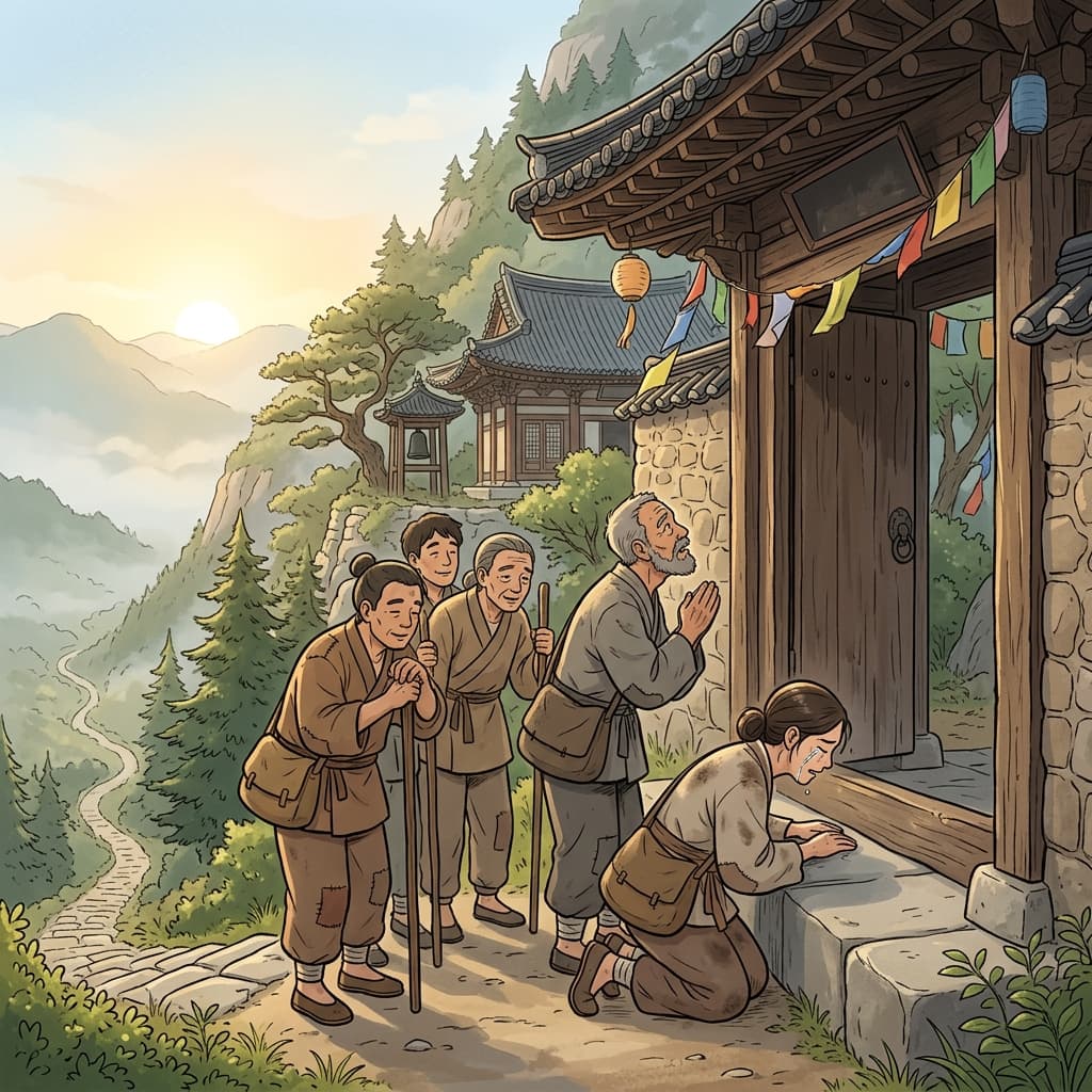 Weary travelers complete their long pilgrimage to the mountaintop temple at sunrise.